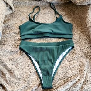 Ribbed High Cut Bikini Dark Green 6/M